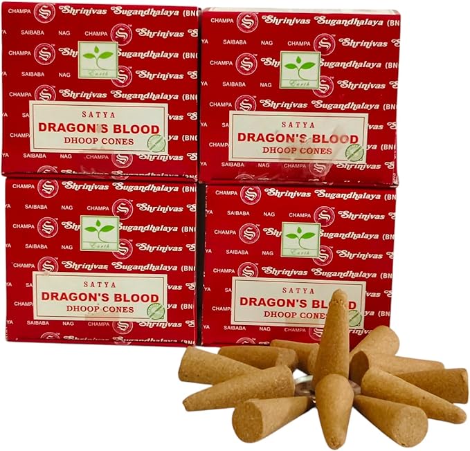 Satya Nag Champa Incense Cones for Meditation and Yoga, 48 Pieces, 4 Packs (Incense Dhoop Cones, Dragons Blood) Giftbrit