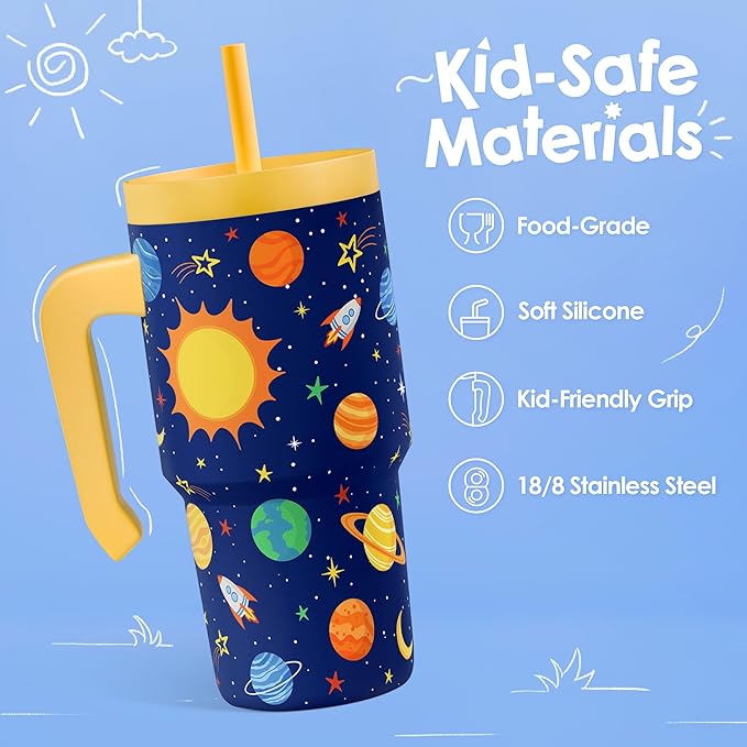 Outer Space Tumbler 20oz with Handle and Silicone Straw Lid for Kid, Insulated Stainless Steel Cup, Gift for Kids Boys, Gifts Idea for Birthday Christmas Back to School - Bloomnest