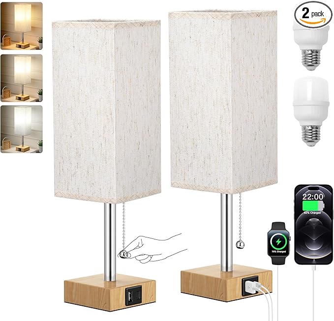 Wood Grain Bedside Table Lamps Set of 2 - Bedroom Lamps with 3 Color Temperatures (3000K/5000K/4000K), Square Nightstand Lamp with USB C + A Charging Ports - Bloomnest