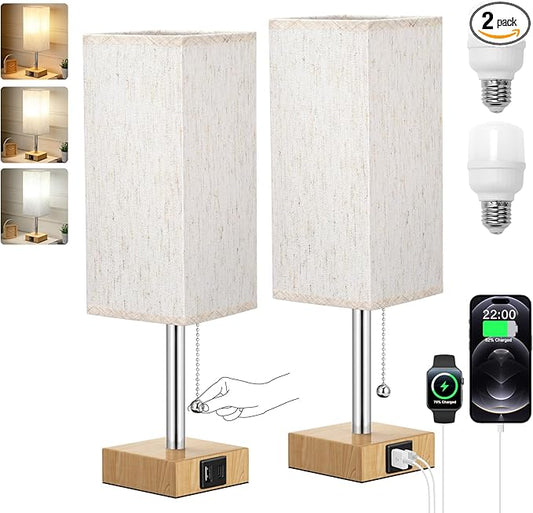 Wood Grain Bedside Table Lamps Set of 2 - Bedroom Lamps with 3 Color Temperatures (3000K/5000K/4000K), Square Nightstand Lamp with USB C + A Charging Ports - Bloomnest