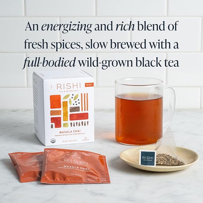 Rishi Tea Masala Chai Black Sachet Tea Bag Blend - Organic, Assam with Whole Spices, Energizing & Caffeinated - 15 Count (Pack of 1) - Bloomnest