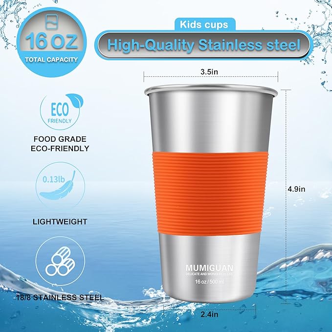 16 oz Stainless Steel Pint Cups with Silicone Sleeves 16oz/500ml (4 Pack), Water Tumbler, Camping Stainless Steel Pint Cups, Stackable Metal Drinking Glasses, BPA Free, Stackable, Durable. - Bloomnest