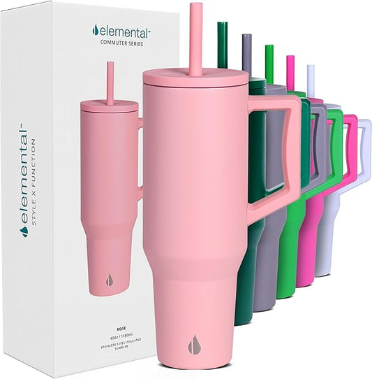 Elemental 40 oz Tumbler with Handle and Straw - Spill Proof Insulated Stainless Steel Commuter for Hot and Cold Beverages - Travel Coffee Mug with 2 Straws & Spill Proof Lid - 40oz - Rose - Bloomnest