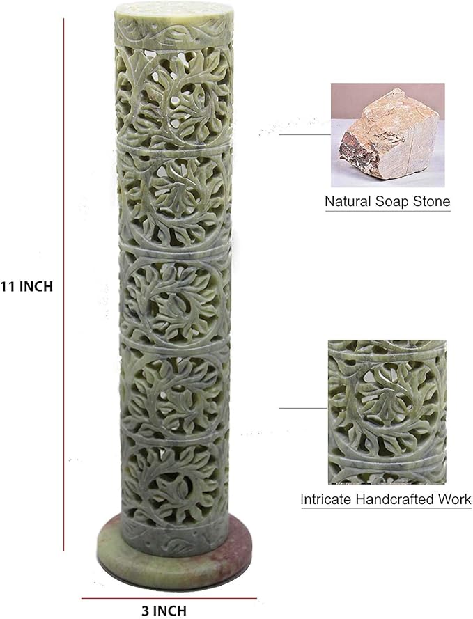Carry Me Marble Soapstone Incense Stick Holder | Candle Burner | Tea Light Holder - Perfect Handmade Floral Carving for Gifting. Decorative Home and Office Decor.(3 x 3 x 11 Inches) - Bloomnest