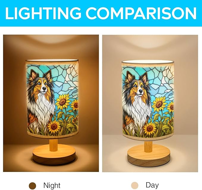 Shetland Sheepdog Table Lamp LED 3-Color Pressed Bedside, Dog Shade Lamp with Wood Base for Bedroom Living Room Desk Office - Bloomnest
