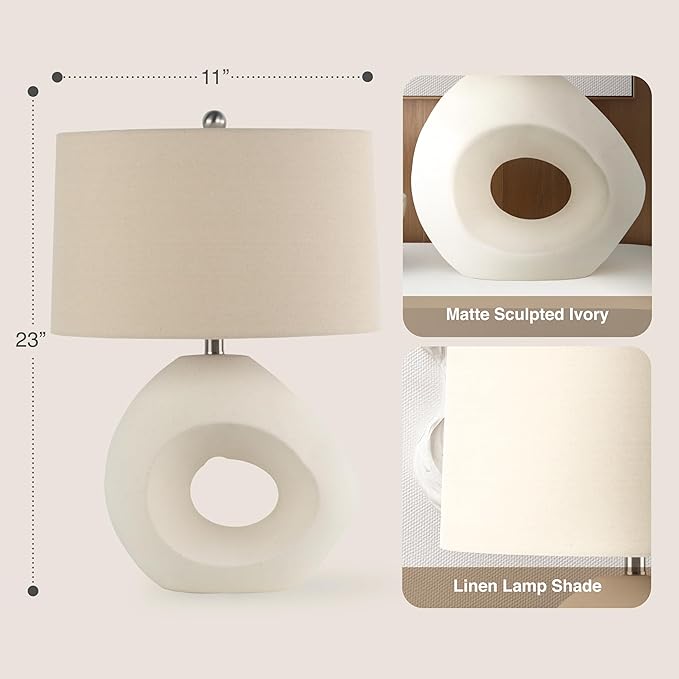 Abani Table Lamp Iris Sculptural 23” – Modern Organic Cream Ceramic Open-Circle Base with Grey Linen Shade – E26 Bulb Included – Stylish Desk Lamp for Bedroom, Living Room Lamp, Dorm or Nightstand - Bloomnest