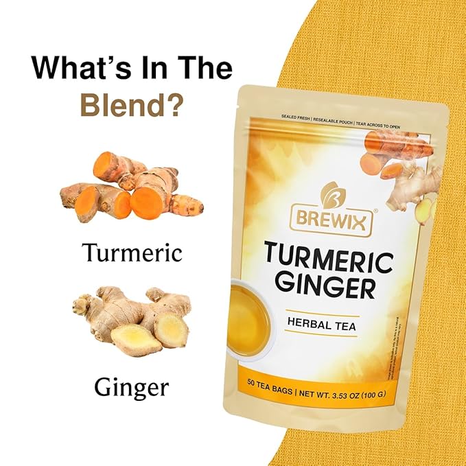 BREWIX, Turmeric Ginger Herbal Tea Bags (50 Pyramid Tea Bags) Caffeine-Free Ayurvedic Blend for Daily Wellness & Immune Balance | Daily Wellness Ritual | Gluten Free | Real Ingredients From India - Bloomnest