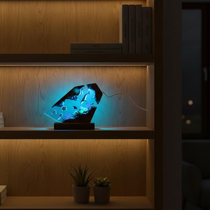 Handmade 3D Ocean Resin Lamp, Epoxy Ocean Night Light with Wooden Base, LED Color Changing Table Lamp, USB Powered Dragons Decor, Unique Ocean Gift for Bedroom & Home Office (Penguin) - Bloomnest