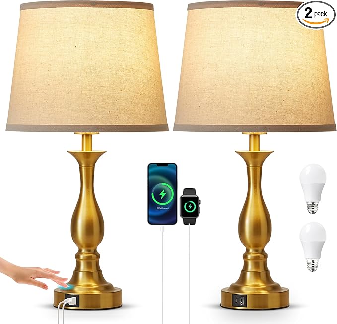 Bedside Table Lamp Touch Control Bedroom Lamps with USB A and C Charging Port 3 Way Dimmable Touch Lamps for Nightstand Living Room Bedroom Dorm Home Office Reading, Set of 2 - Bloomnest