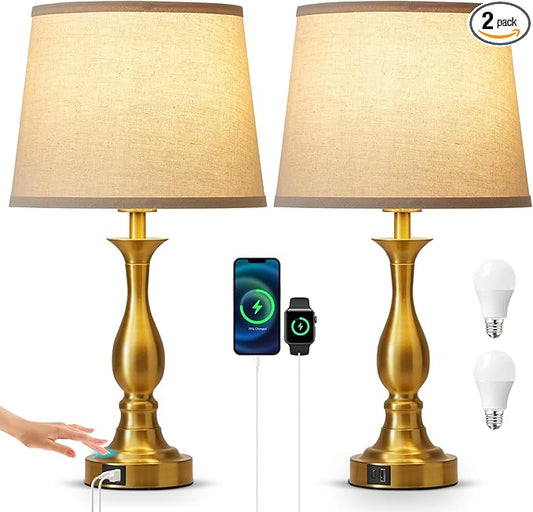 Bedside Table Lamp Touch Control Bedroom Lamps with USB A and C Charging Port 3 Way Dimmable Touch Lamps for Nightstand Living Room Bedroom Dorm Home Office Reading, Set of 2 - Bloomnest