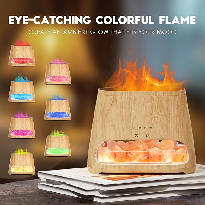 SALKING Colorful Flame Fire Diffuser Humidifier, Himalayan Salt Lamp, 7 Colors Changing Oil Diffuser, Ultra-Quiet Essential Oils Aromatherapy Diffusers for Large Room, Bedroom,150ml (Wooden Grain)