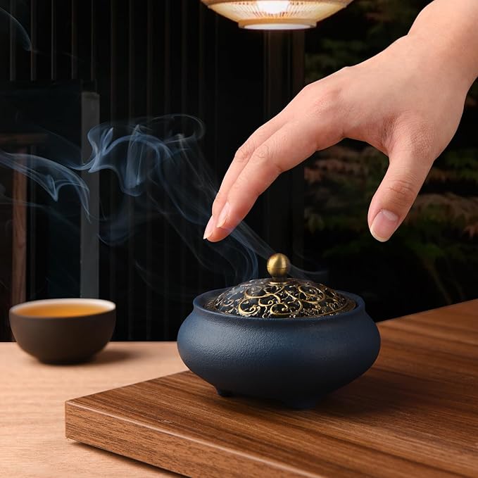 Ceramic Incense Burner with Incense Holder+ Fireproof Cotton,Handmade Smudging Burn Bowl for Stick or Coil Incense,Sage Cones, Frankincense and Mosquito Incense (Blue) - Bloomnest