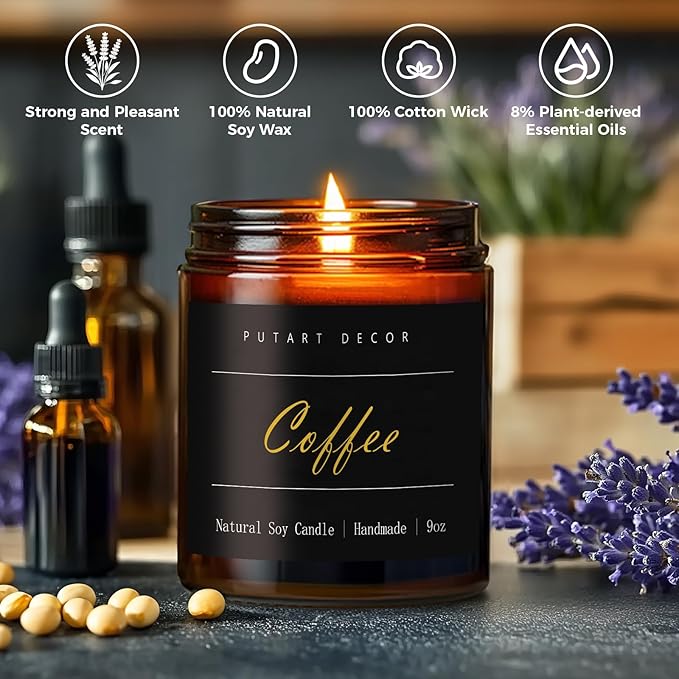 Coffee Highly Scented Candle for Home, 9oz Natural Soy Aromatherapy Non Toxic Candles with Essential Oil, Home Fragrance Stress Relief & Meditation Jar Candles Gifts for Women & Men - Bloomnest