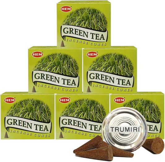 TRUMIRI Incense Cone Holder Bundle with Hem Green Tea Incense Cones - Pack of 6 (Approx 60 Cones)