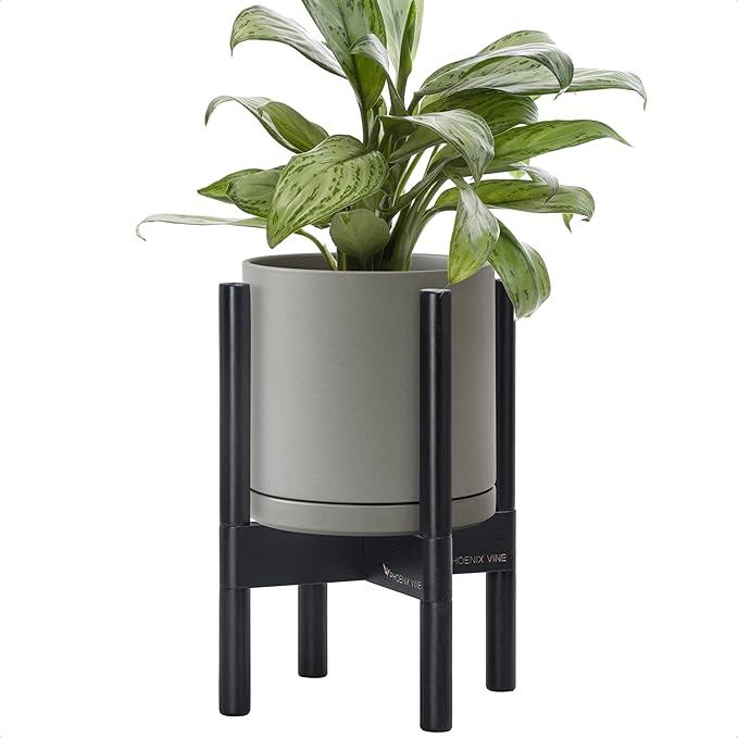 D'vine Dev Ceramic Planter with Ebony Stand - 8 Inch Modern Round Flower Pot with Wood Planter Holder, Grey, 55-B-M-3 - Bloomnest