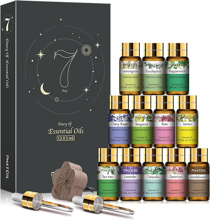 PHATOIL Essential Oil Set, 12x5ml Essential Oils Gift Set with Diffused Wood, 100% Natural Pure Essential Oils for Diffusers DIY Candle Soap Making - Bloomnest