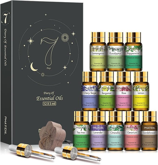 PHATOIL Essential Oil Set, 12x5ml Essential Oils Gift Set with Diffused Wood, 100% Natural Pure Essential Oils for Diffusers DIY Candle Soap Making - Bloomnest
