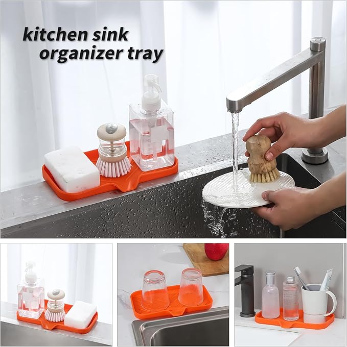 Silicone Bathroom Soap Dishes with Drain Spout-Bathroom and Kitchen Sink Organizer,Sponge Holder,Dish Soap Tray,Perfect for Dispenser,Scrubber,Bottle,Cup on Sink or Counter-Orange 9.6"×5.3" - Bloomnest