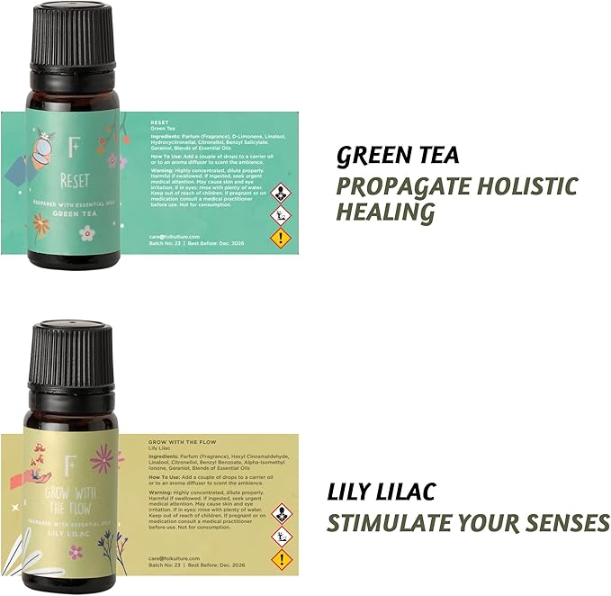 Folkulture Essential Oils for Diffuser | Essential Oils Set of 6 Fragrances | Diffuser Oil Scents for Home | Oils Diffuser Essential Oil | Fragrance Oils for Diffusers - Green Tea, Ocean Salt - Bloomnest