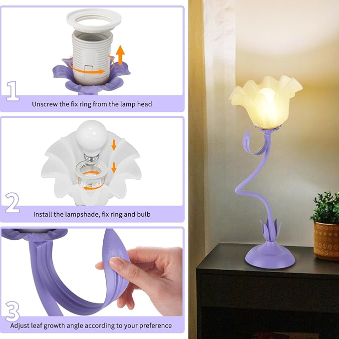Cute Flower Desk Lamp, 3 Color Temperature Table Lamp with LED Bulb, Vintage Bedside Lamps, Reading Lamps with Soft Light for Bedroom, Living Room（Purple） - Bloomnest
