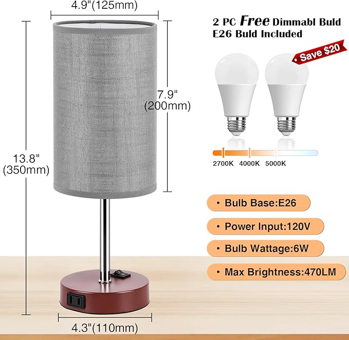 ZJOJO Table Lamp for Bedroom Set of 2, Bedside Small Lamps with 3 Way Dimmable Rocker Switch and AC Outlet, Nightstand Desk Lamp with Gray Fabric Shade Brown Base for Living Room Home Decor Lights - Bloomnest