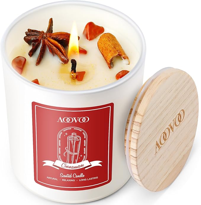AOOVOO Apple Cinnamon Scented Candles for Women - Aromatherapy Candle with Crystals Inside, 10oz Soy Candles for Home Scented, Birthday Gifts Christmas Candle for Women Mom - Bloomnest