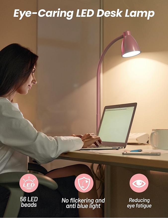 BOHON Cute Desk Lamp with USB Charging Port, Pink Lamp 3 Color Modes Dimmable LED Reading Lamp, Flexible Gooseneck Auto Dimming Table Task Light for Home Office Dorm Bedside, Pink - Bloomnest
