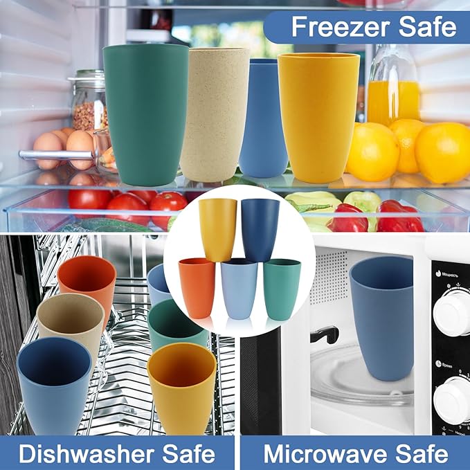 Wheat Straw Cups 20 OZ Large Capacity Set of 6, Unbreakable Drinking Cups Reusable, Alternative to Plastic Cups Reusable, Dishwasher Safe Water Tumblers (Multicolor) - Bloomnest