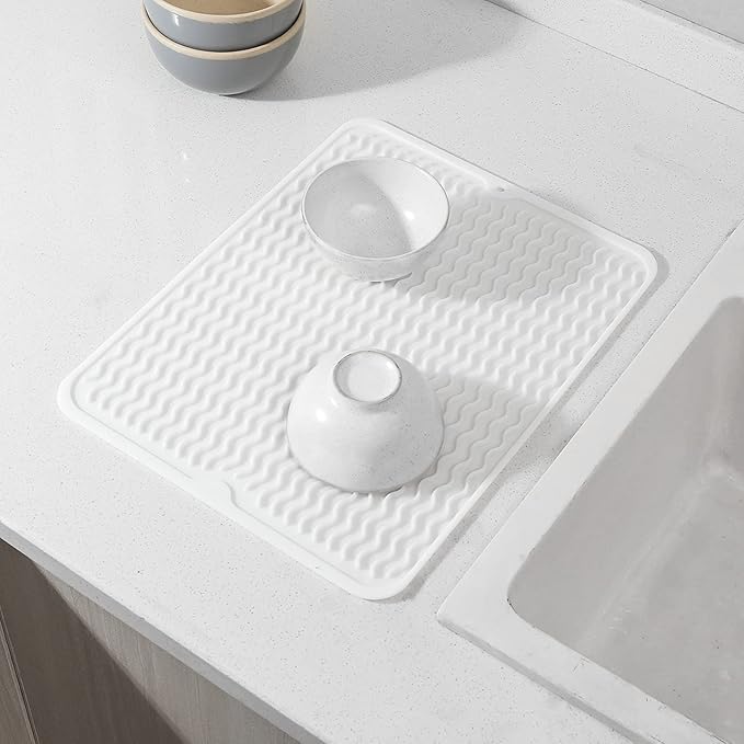 Silicone Dish Drying Mat for Multiple Usage,Easy clean,Eco-friendly,Heat-resistant Silicone Mat for Kitchen Counter or Sink,Refrigerator or drawer liner White L 16 inches x 12 inches - Bloomnest