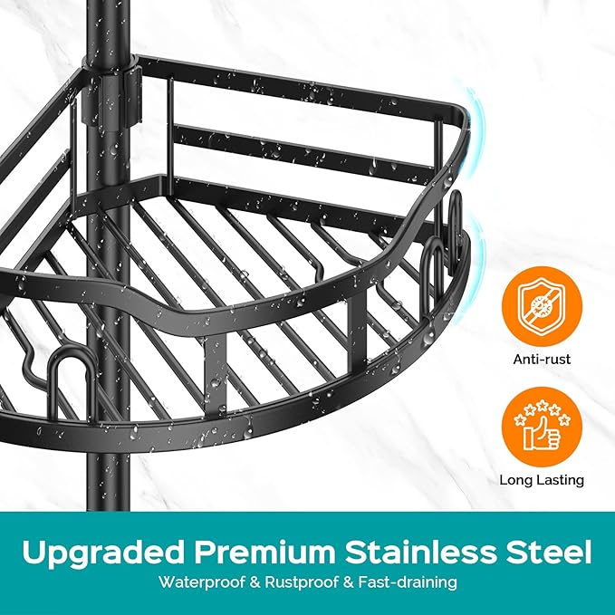 HAMITOR Corner Shower Caddy Tension Pole: Rustproof Stable 4-Tier Bathroom Organizer Shelves for Bathtub Shampoo Storage - 47-121 Inch Quick Install Adjustable Standing Rack with Soap Rack - Black - Bloomnest