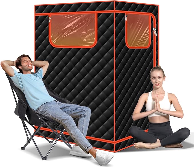 Smartmak Portable Infrared Sauna, 1-2 Person X-Large Infrared Sauna Box, Full Size Personal Home Sauna Tent, with Adjustable Folding Chair, Remote Control, LED Red Light (Black-2 Person) Smartmak