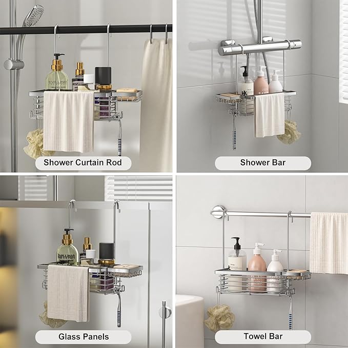 Hanging Shower Caddy, 304 Stainless Steel Shower Organizer with Towel Bar & Hooks, Over Shower Rod, Towel Bar or Glass Panel Storage Basket with Soap Holder, Rustproof Bathroom Caddy, 2 Pack - Bloomnest