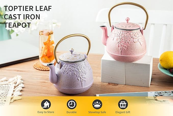 TOPTIER Japanese Cast Iron Teapot with Infuser, Stovetop Safe, Leaf Design Tea Kettle, Enameled Interior, 32 Ounce (950 ml), Blush Pink - Bloomnest