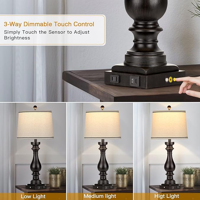 29" Tall Table Lamp for Living Room Set of 2,Farmhouse Vintage Bedside Nightstand Lamps with USB C+A Ports & AC Outlet,3-Way Dimmable Touch Control Retro Black Lamp for Bedroom,Color 5 - Bloomnest