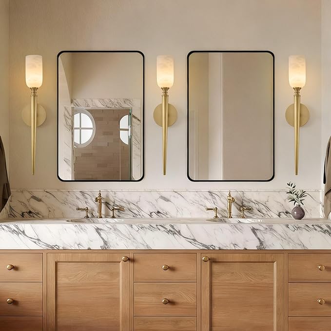 Vintage Alabaster Brass Wall Sconce: Set of 2 Antique Spanish Natural Marble Modern Vanity Wall Lights - 21.6" Long Linear Brushed Gold Sconces - Indoor Sconce for Bathroom Hallway Bedroom Living Room - Bloomnest