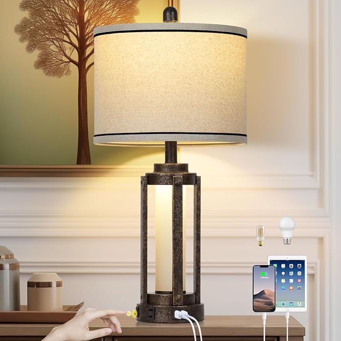 Farmhouse Industrial Lamp with USB A+C Charging Ports & AC Outlet, 26" Vintage Rustic Retro Table Lamp with Glass LED Night Light & Linen Fabric Shade for Living Room Bedrooms Single(2 Bulbs Included) - Bloomnest