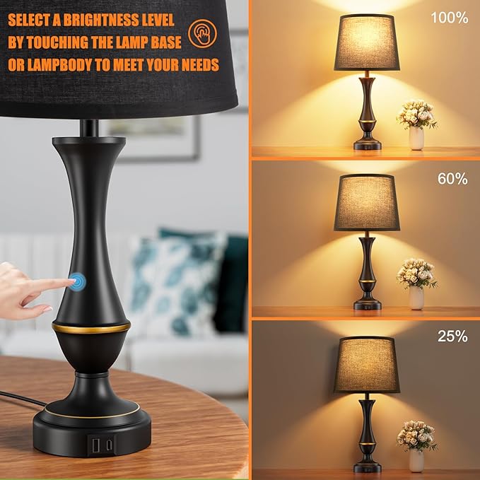 Seealle Upgraded Touch Lamps for Night Stands Set of 2 - Bedside Lamps with USB C+A, 3 Way Dimmable for Bedroom Living Room End Tables Office (Black) - Bloomnest