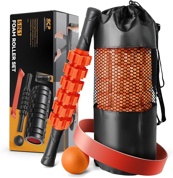 5 in 1 Foam Roller Set for Deep Tissue Muscle Massage, Trigger Point Fitness Exercise Foam Roller, Massage Roller, Massage Ball, Stretching Strap, for Whole Body(Orange-Black) - Bloomnest