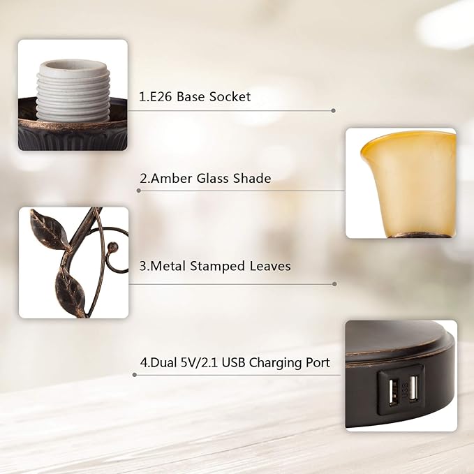 Touch Control Table Lamp with 2 USB Charging Ports, 3-Way Dimmable Bedside Nightstand Lamps, Amber Glass Shade Vintage Rural Leaf Lamp for Living Room, Bedroom, Dresser, LED Bulb Included (Bronze) - Bloomnest