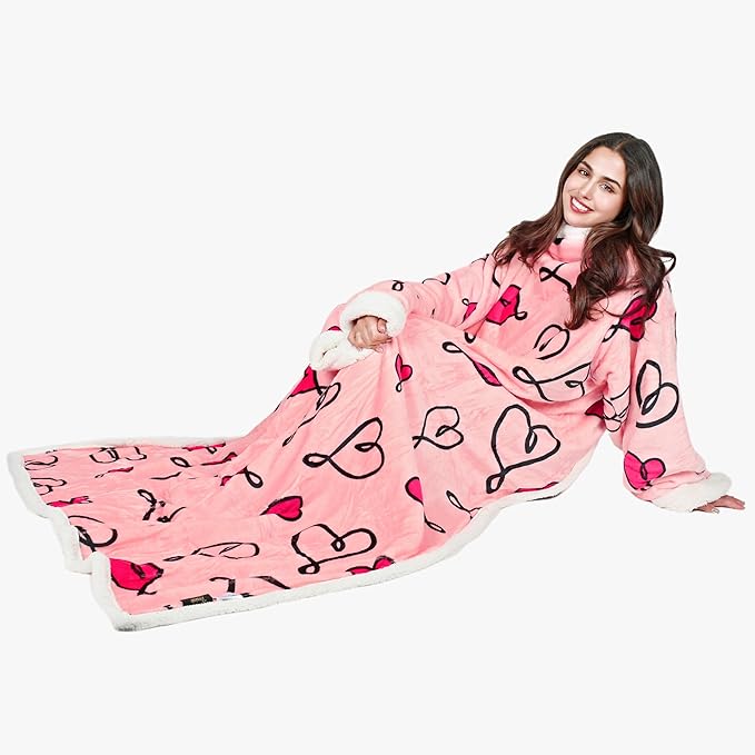 Tirrinia Sherpa Wearable Blanket With Sleeves, Full Body Throw Reading Wrap TV Blankets - Bloomnest