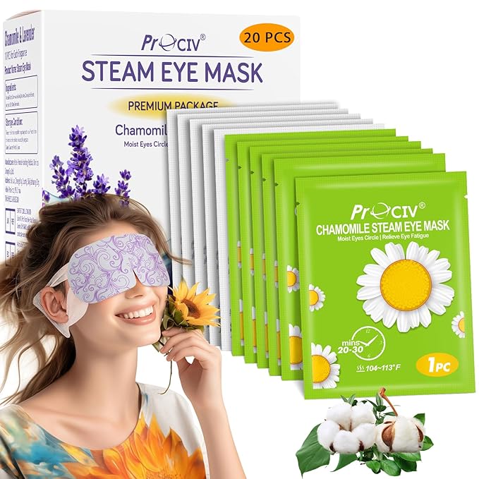 ProCIV 20 Packs Steam Eye Masks, Warming Eye Masks for Dark Circles, Disposable Self-heating Hot Eye Mask Soothing Headache, Dry Eyes, Heating Eye Mask for Stress Eye Fatigue Relief - Bloomnest