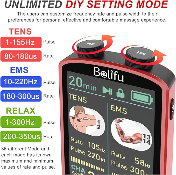 TENS EMS Unit Muscle Stimulator for Pain Relief Therapy - 4 in 1 TENS & EMS & Relax & Custom Frequency + Pulse - Muscle Massager 36 Modes 20 Intensity, Memory & Favorites Function with 600mAh Battery - Bloomnest
