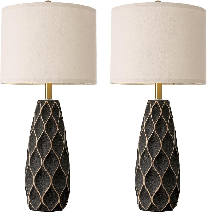 PORTRES 27.5" Ceramic Table Lamps for Bedroom Living Room Lamps Set of 2 Modern Bedside Nightstand Lamp Farmhouse Vintage Rustic Boho Retro Large Table Lamps Light Home Office Desk Deco Gifts, Black - Bloomnest