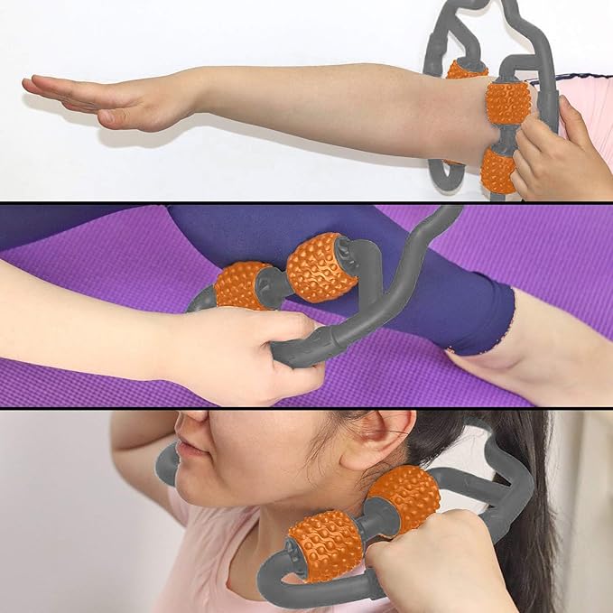 Cellulite Massage Tool Muscle Roller - Deep Fascia Massager & Dimpled Skin Remover for Legs, Thighs & Buttocks - Anti-Cellulite Roller, Smooth Skin, Pain Reliefs （Orange Gray -4wheel） - Bloomnest