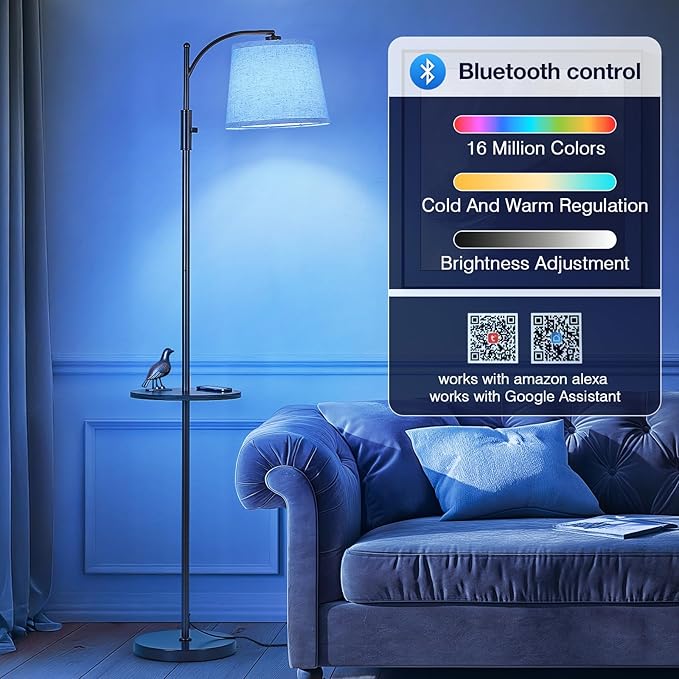AIDENOEY Smart Floor Lamp with Side Table | Stepless Dimming, RGB Multi-Color | Adjustable Swivel Head | Voice Control with Alexa & Google Assistant |Brown Lamp for Living Room,Bedroom,Home Office - Bloomnest