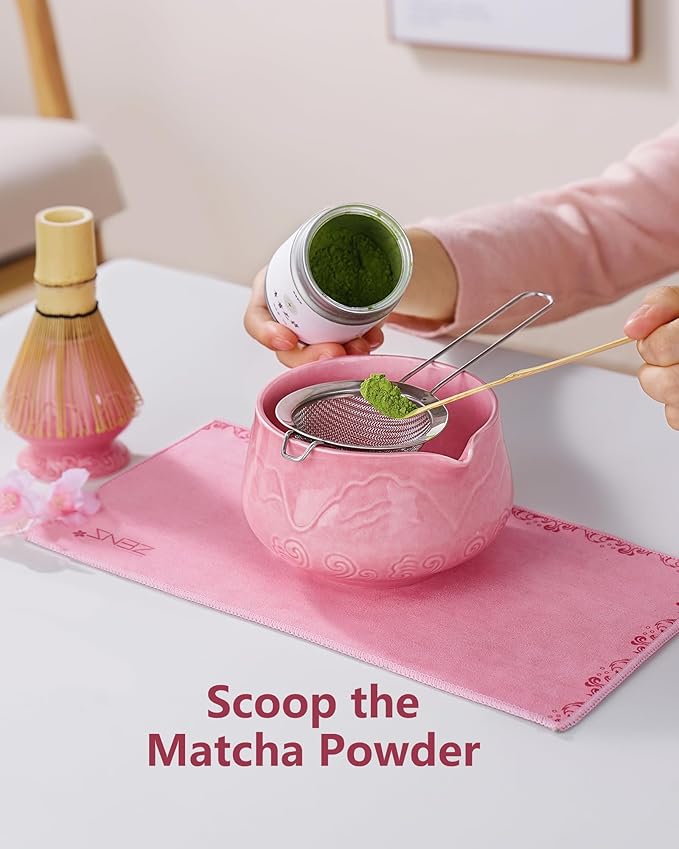 ZENS Matcha Whisk Set, 6pcs Matcha Set Pink Includes 15oz Ceramic Bowl and Bamboo Whisk (Chasen Holder) Scoop, 304 Sifter & Pink Tea Mat, Japanesse Matcha Kit for Matcha Latte-Making - Bloomnest
