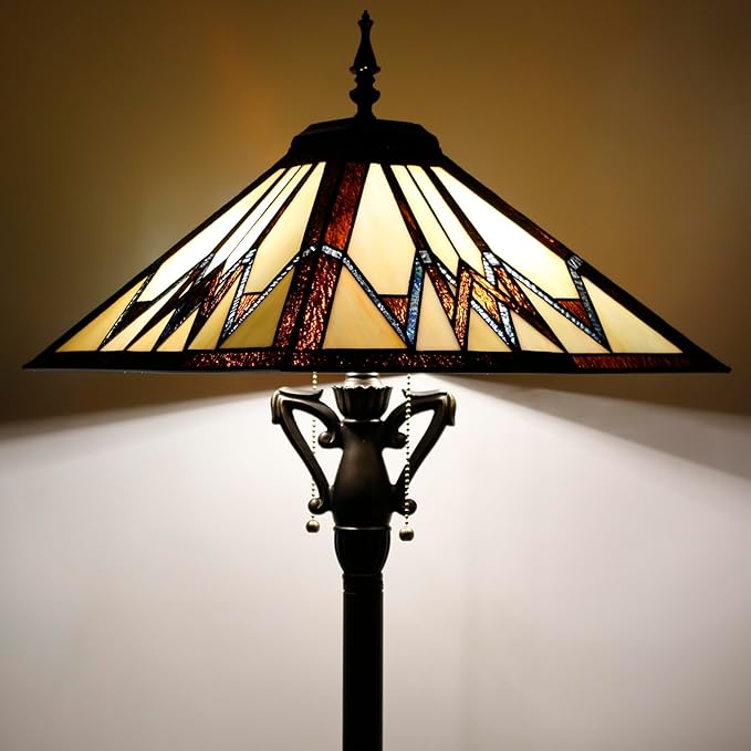 Tiffany Floor Lamp Cream Amber Mission Style Stained Glass Standing Reading Light 16X16X64 Inch - Bloomnest