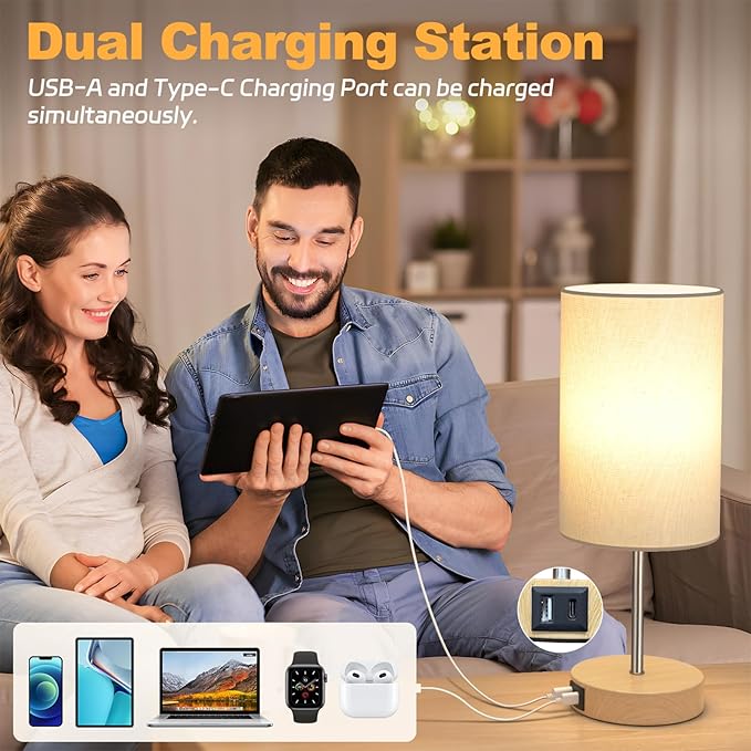 AKASUKI Table Lamp for Bedroom, 3 Way Dimmable Touch Lamp with Dual Charging Station, Small Bedside Lamps for Night Stands, Living Room, Office(LED Bulb Included) - Bloomnest