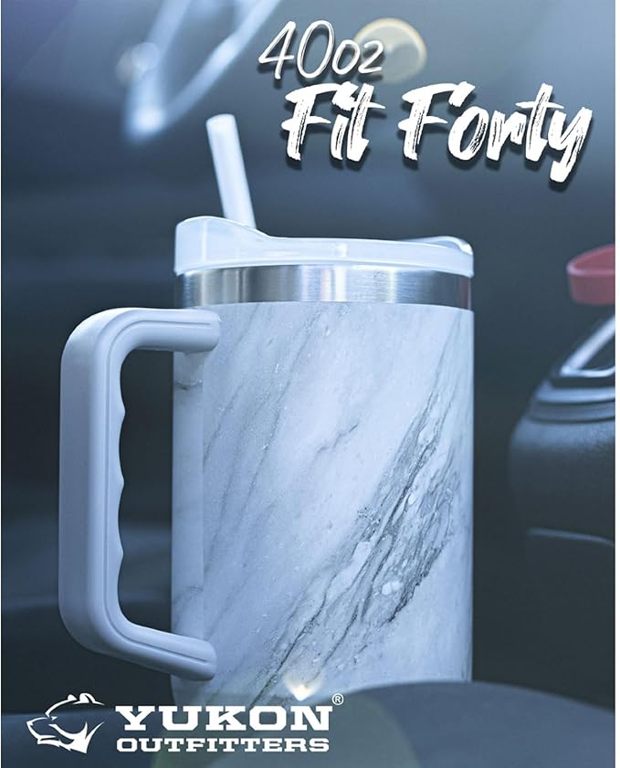 Yukon Outfitters Fit Forty 40oz Double Wall Vacuum Insulated Stainless Steel Tumbler with Reusable Straw & Ergonomic Handle | For Hot or Cold Beverage, White Marble - Bloomnest