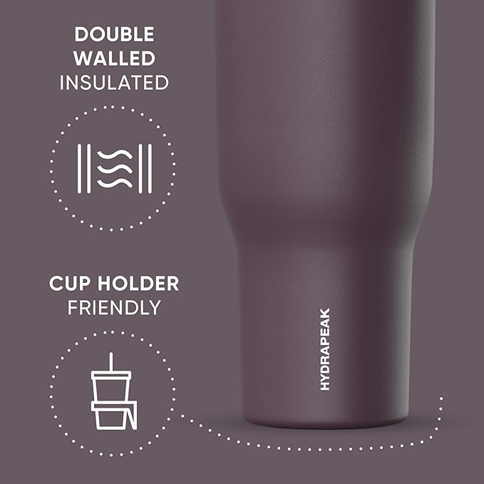 Hydrapeak Voyager 40 Oz Stainless Steel Tumbler with Handle, Insulated Water Bottle With Straw & Lid, Cupholder Friendly Reusable Travel Mug (Midnight Plum) - Bloomnest